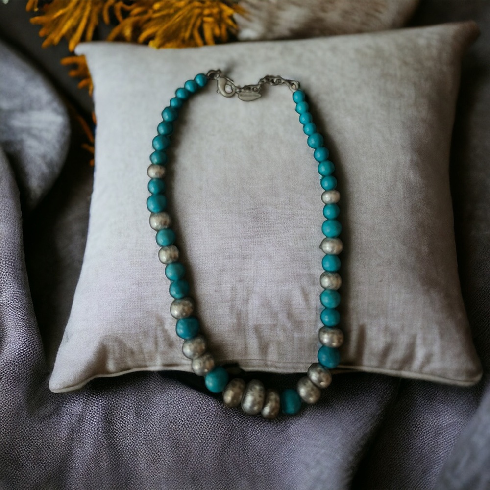 Turquoise and hammered silver beaded necklace from Coldwater Creek
